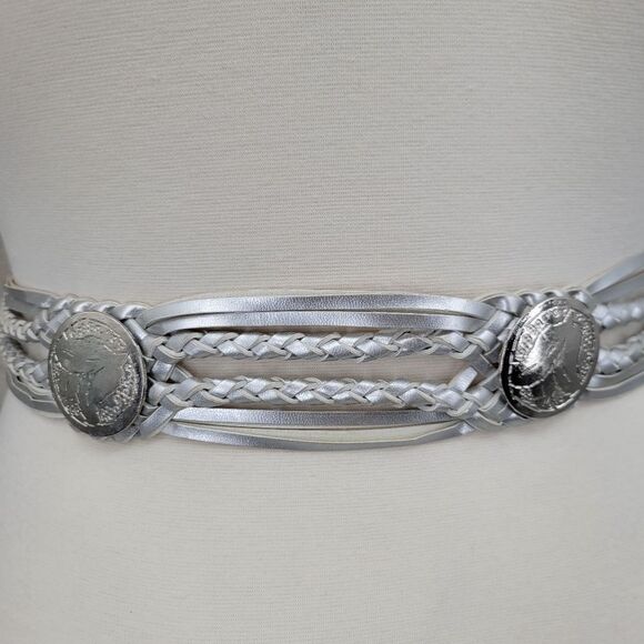 Concho Belt Braided and Woven Metallic Silver Women's Oversized Circle Buckle - Picture 8 of 10